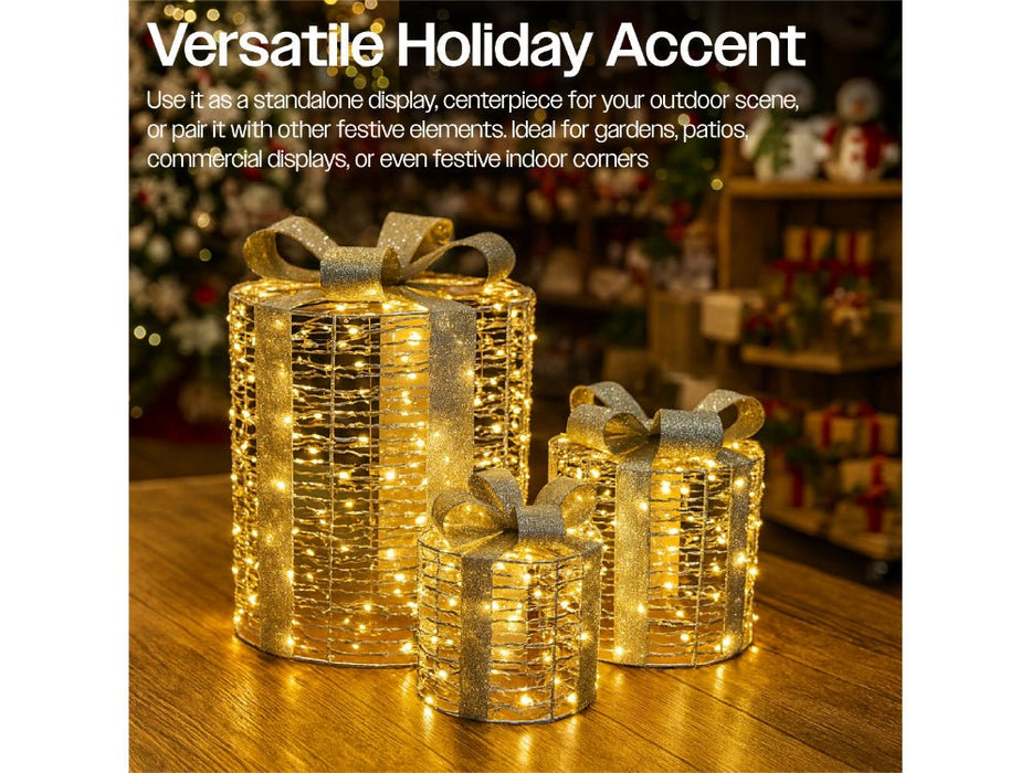 Xmas Haus Set of 3 Outdoor Christmas Holiday Festive Round Giftbox Decorations_Christmas Lights