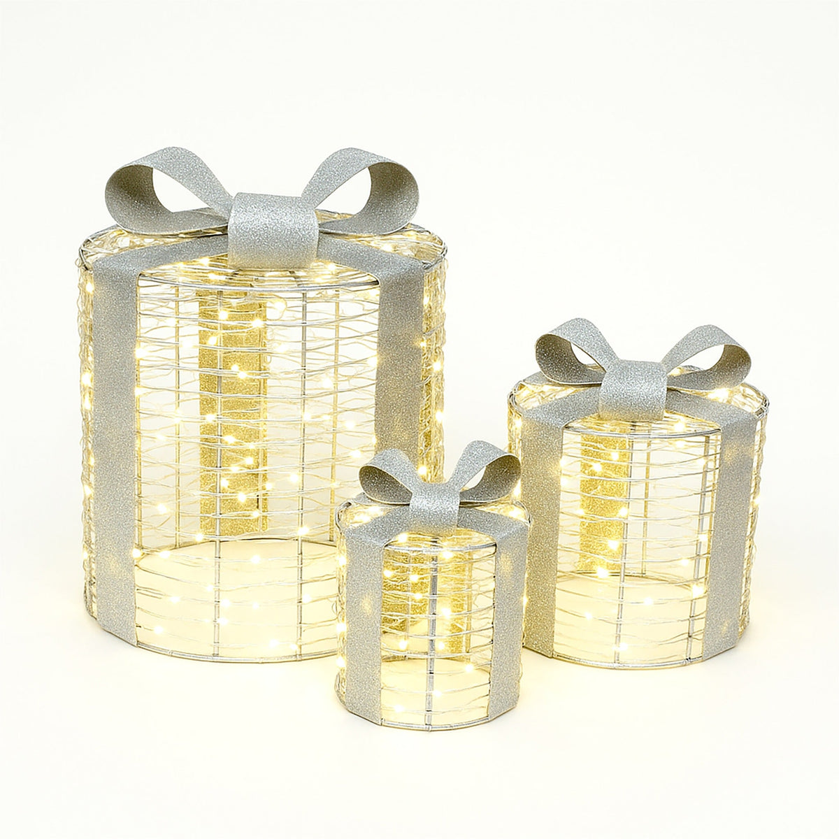 Xmas Haus Set of 3 Outdoor Festive Giftbox Decorations – Silver Metal with 100 Warm White Micro LEDs, Garden & Porch Display_Christmas Lights