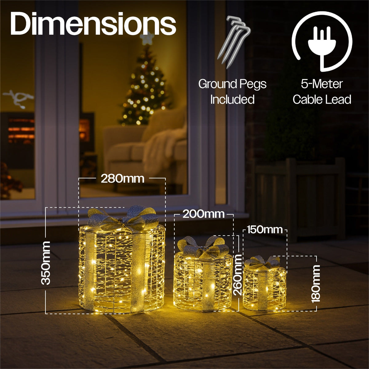 Xmas Haus Set of 3 Outdoor Festive Giftbox Decorations – Silver Metal with 100 Warm White Micro LEDs, Garden & Porch Display_Christmas Lights