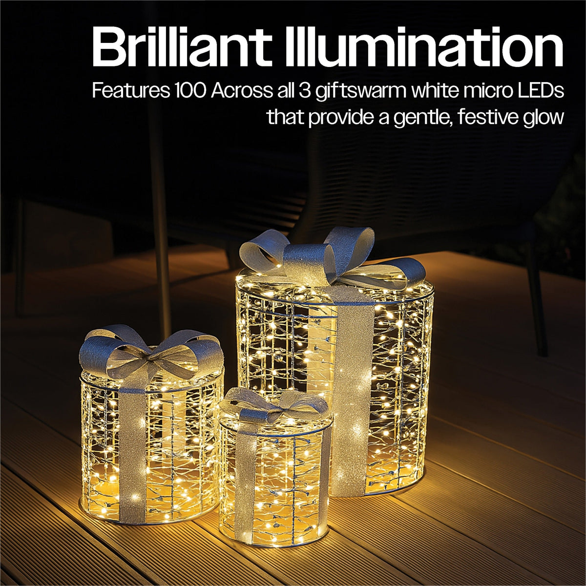 Xmas Haus Set of 3 Outdoor Festive Giftbox Decorations – Silver Metal with 100 Warm White Micro LEDs, Garden & Porch Display_Christmas Lights