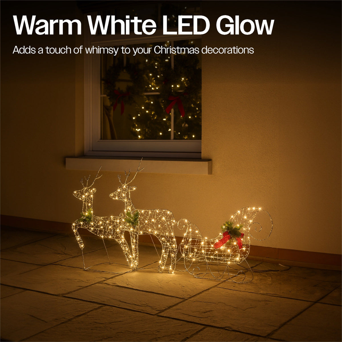 Xmas Haus Christmas Festive 2D Deer & Sledge Decoration Set – 150 Warm White LEDs, Outdoor Display_Christmas Figure