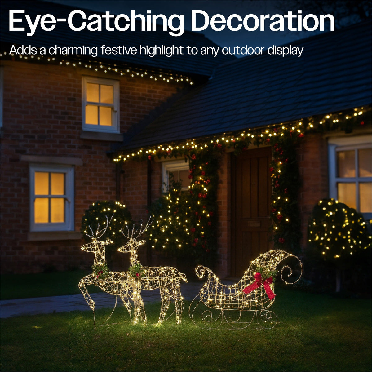 Xmas Haus Christmas Festive 2D Deer & Sledge Decoration Set – 150 Warm White LEDs, Outdoor Display_Christmas Figure