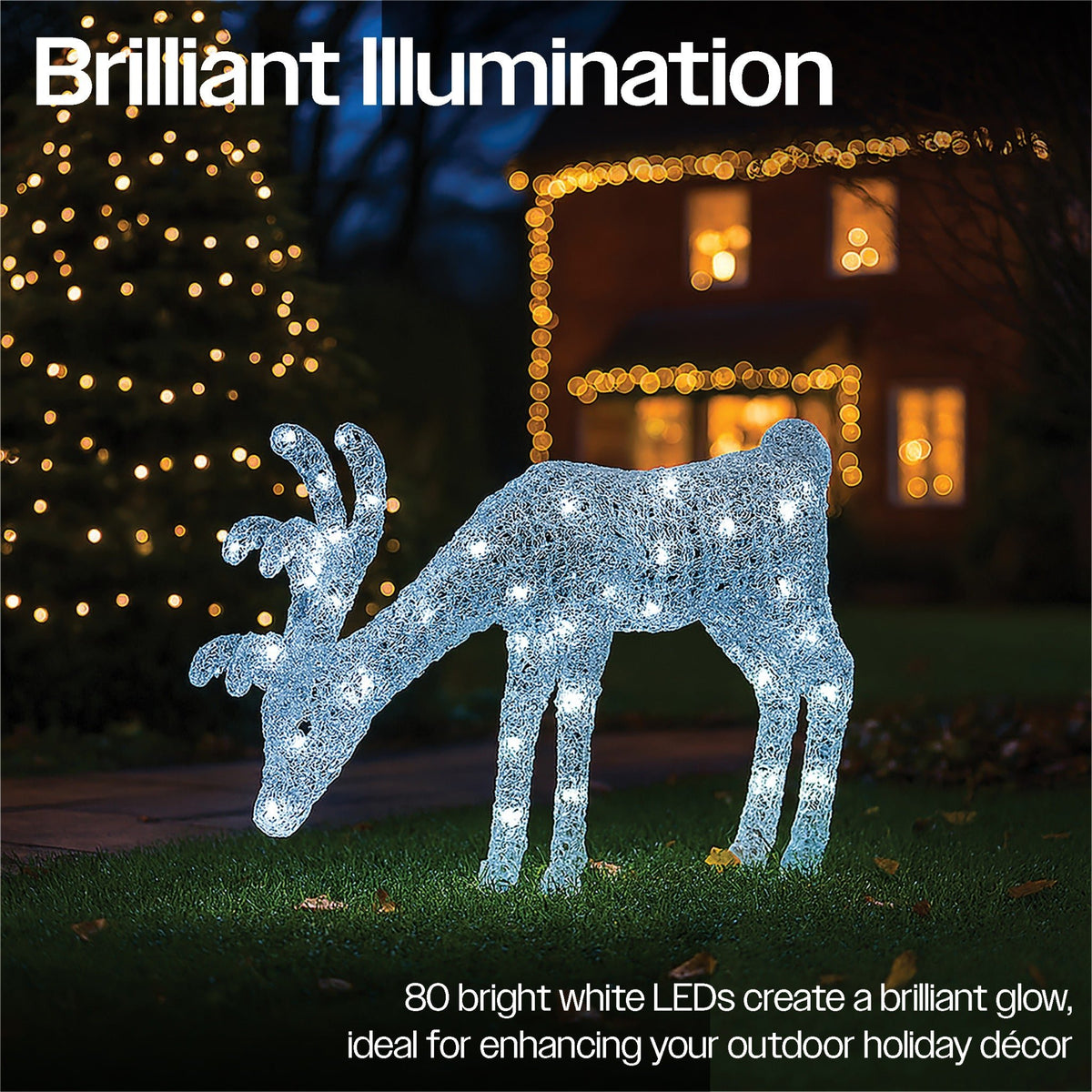Xmas Haus Christmas Head-Down Deer Silver Acrylic Decoration – 60cm High with 60 Bright White LEDs, Festive Decoration_Christmas Figure