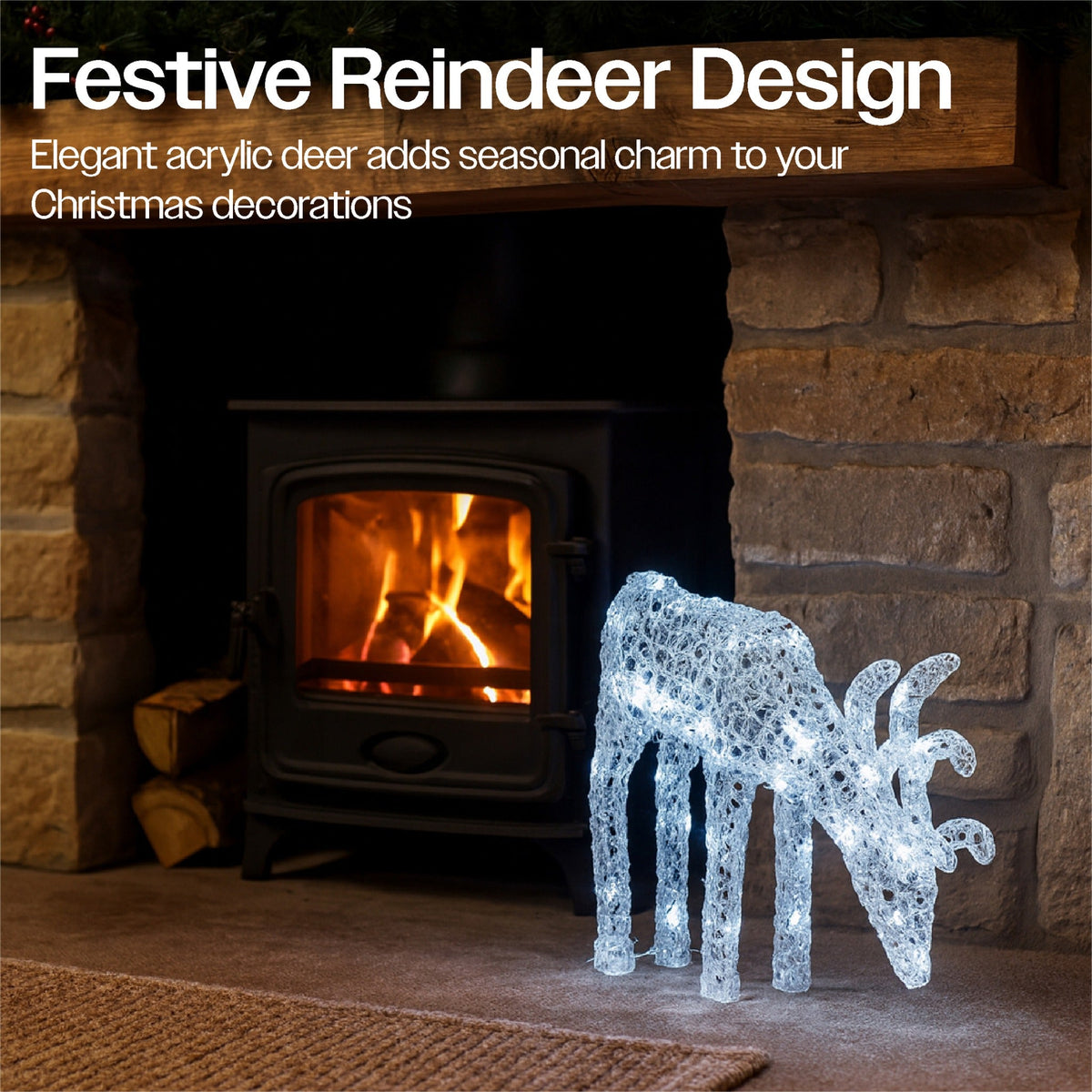 Xmas Haus Christmas Head-Down Deer Silver Acrylic Decoration – 60cm High with 60 Bright White LEDs, Festive Decoration_Christmas Figure