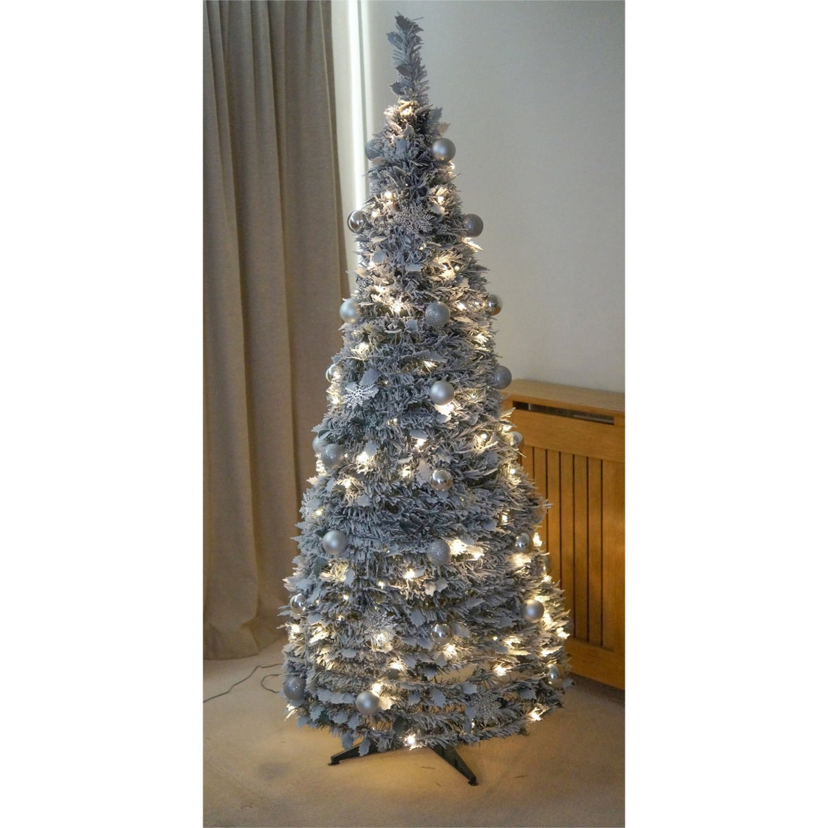 Winter Pop-Up Silver Décor Christmas Tree – Pre-Lit with 200 Warm White LEDs_Artificial Christmas Trees
