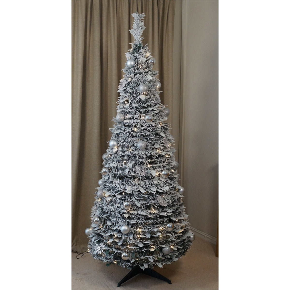 Winter Pop-Up Silver Décor Christmas Tree – Pre-Lit with 200 Warm White LEDs_Artificial Christmas Trees