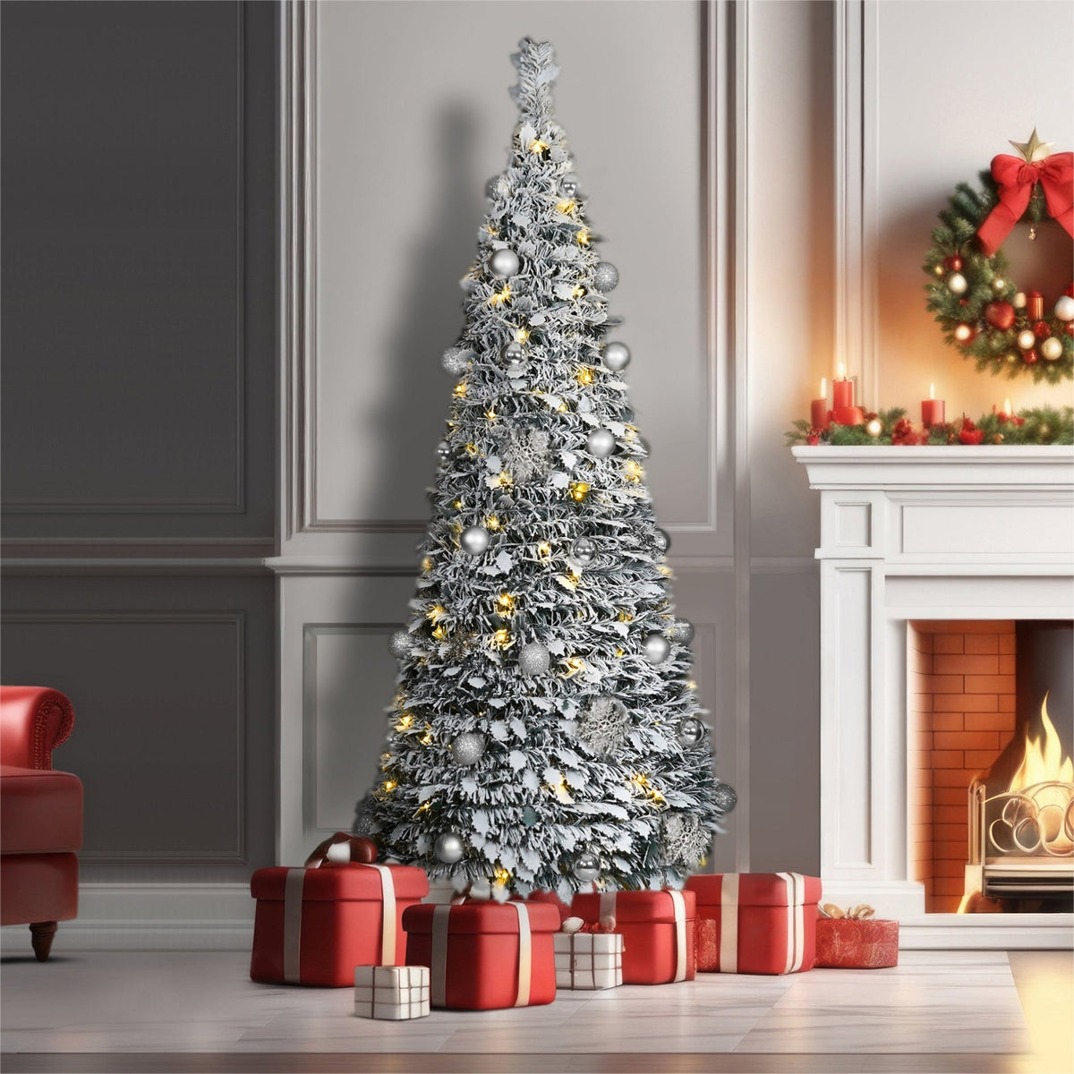 Winter Pop-Up Silver Décor Christmas Tree – Pre-Lit with 200 Warm White LEDs_Artificial Christmas Trees