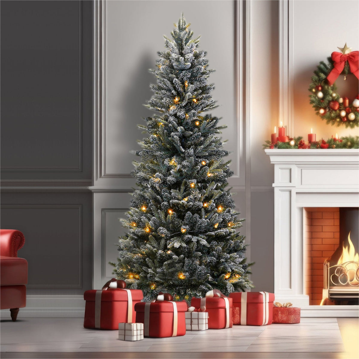Winter Wonderland Snow Flocked Pine Pop-Up Christmas Tree – Pre-Lit with Warm White LEDs for Effortless Indoor Festive Décor_Artificial Christmas Trees