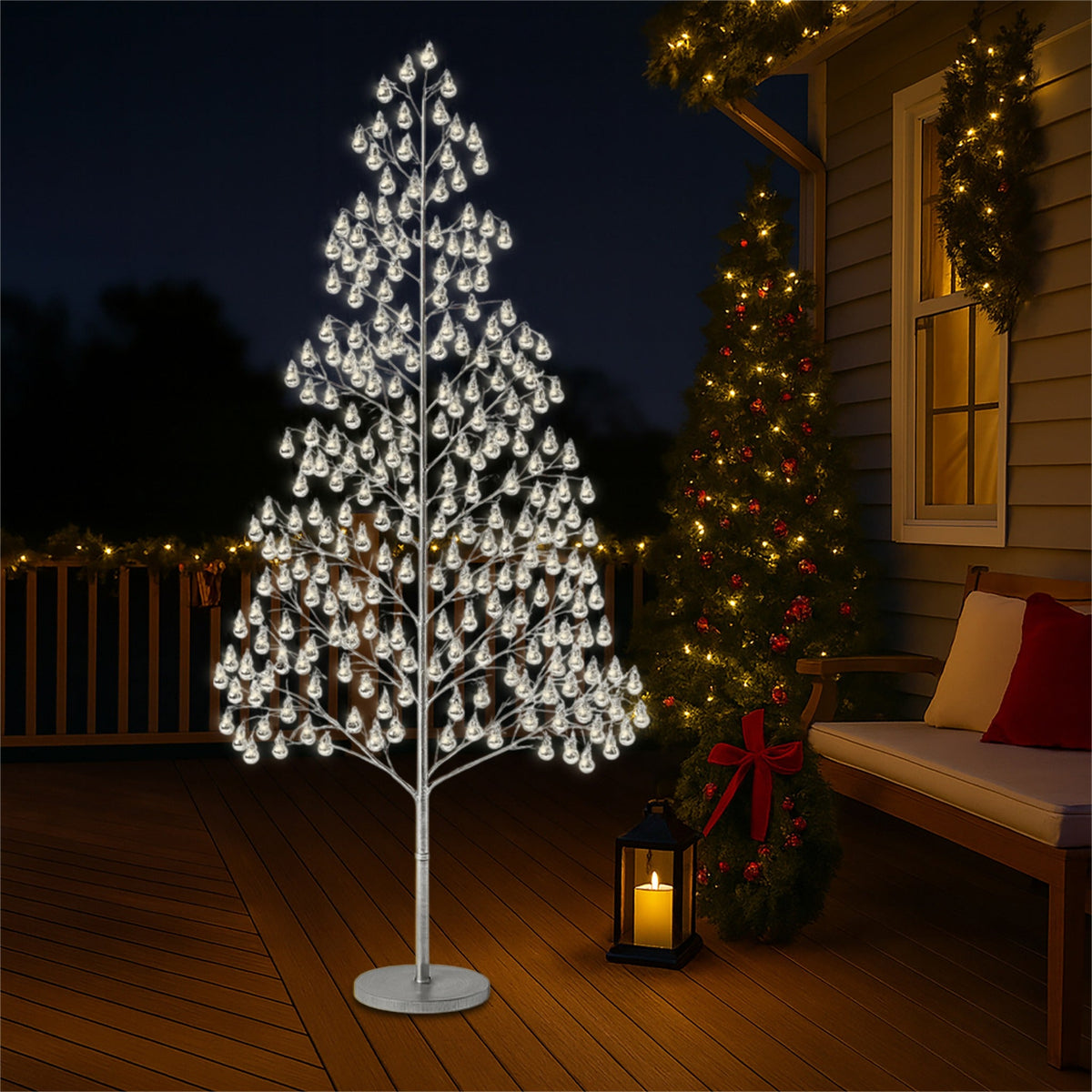 Xmas Haus Indoor/Outdoor Silver Copper Wire Christmas Tree Silver Balls – 180–210cm with 1000–1200 Warm White Micro LEDs, Resin Base for Garden & Porch Decoration_Artificial Christmas Trees