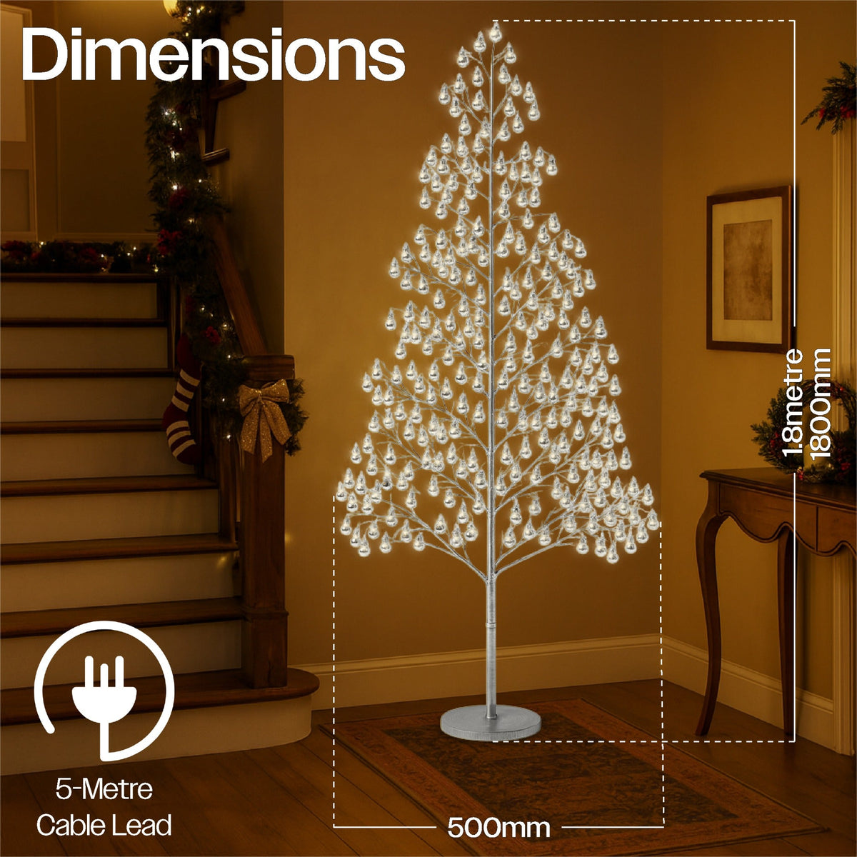 Xmas Haus Indoor/Outdoor Silver Copper Wire Christmas Tree Silver Balls – 180–210cm with 1000–1200 Warm White Micro LEDs, Resin Base for Garden & Porch Decoration_Artificial Christmas Trees