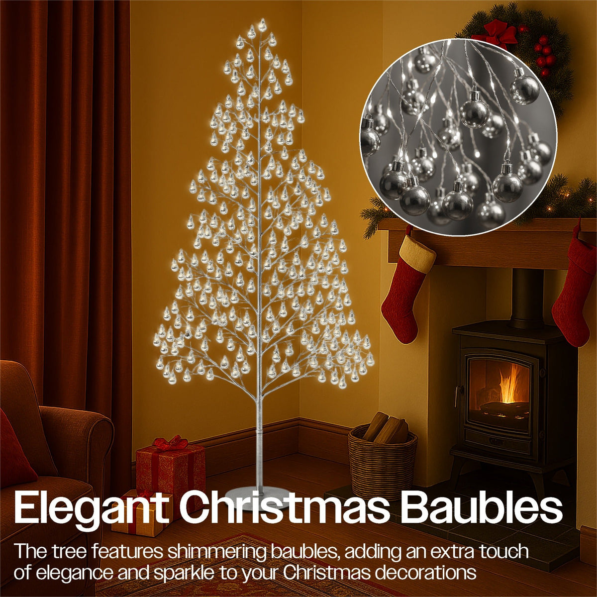 Xmas Haus Indoor/Outdoor Silver Copper Wire Christmas Tree Silver Balls – 180–210cm with 1000–1200 Warm White Micro LEDs, Resin Base for Garden & Porch Decoration_Artificial Christmas Trees