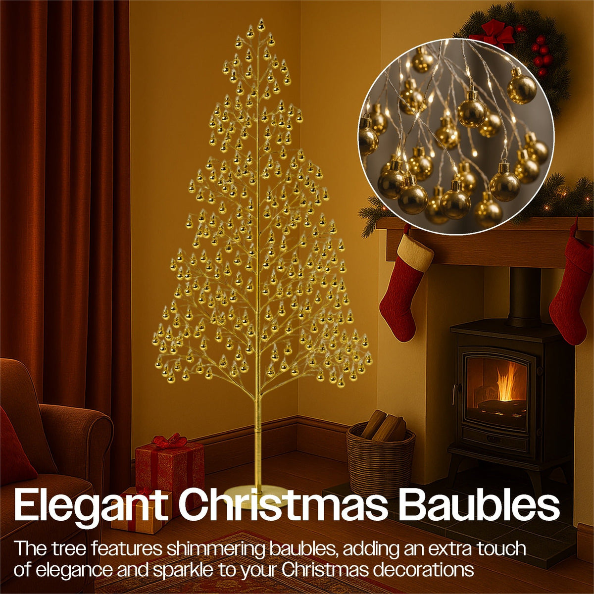 Xmas Haus Indoor/Outdoor Gold Copper Wire Christmas Tree Gold Balls– 180–210cm with 1000–1200 Warm White Micro LEDs, Resin Base for Garden & Porch Decoration_Artificial Christmas Trees