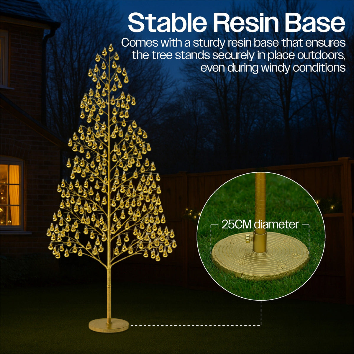 Xmas Haus Indoor/Outdoor Gold Copper Wire Christmas Tree Gold Balls– 180–210cm with 1000–1200 Warm White Micro LEDs, Resin Base for Garden & Porch Decoration_Artificial Christmas Trees