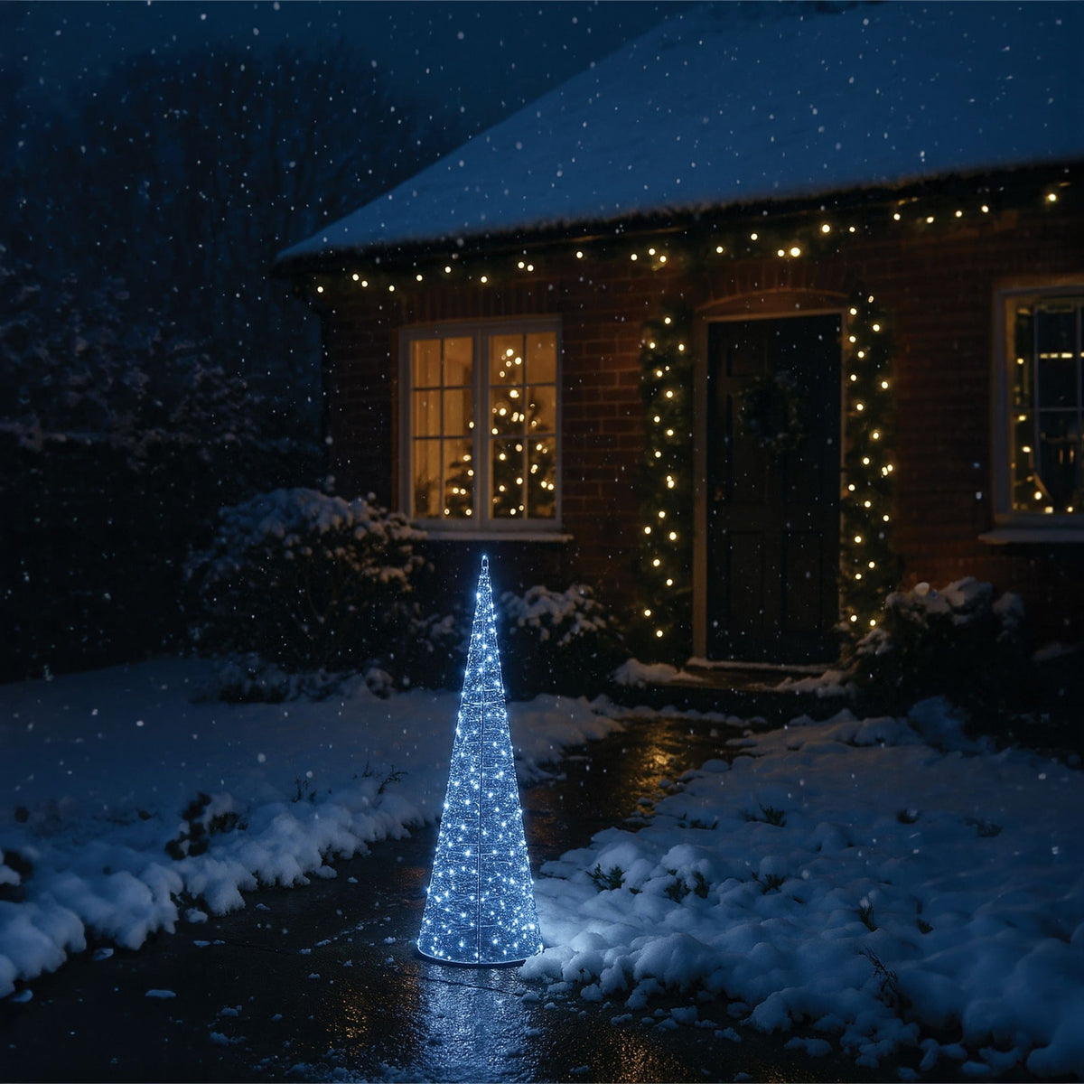 Xmas Haus Cone-Shaped LED Tree – Silver Metal, 90–150cm with 250–350 Bright White Micro LEDs for Outdoor Festive Decoration_Artificial Christmas Trees