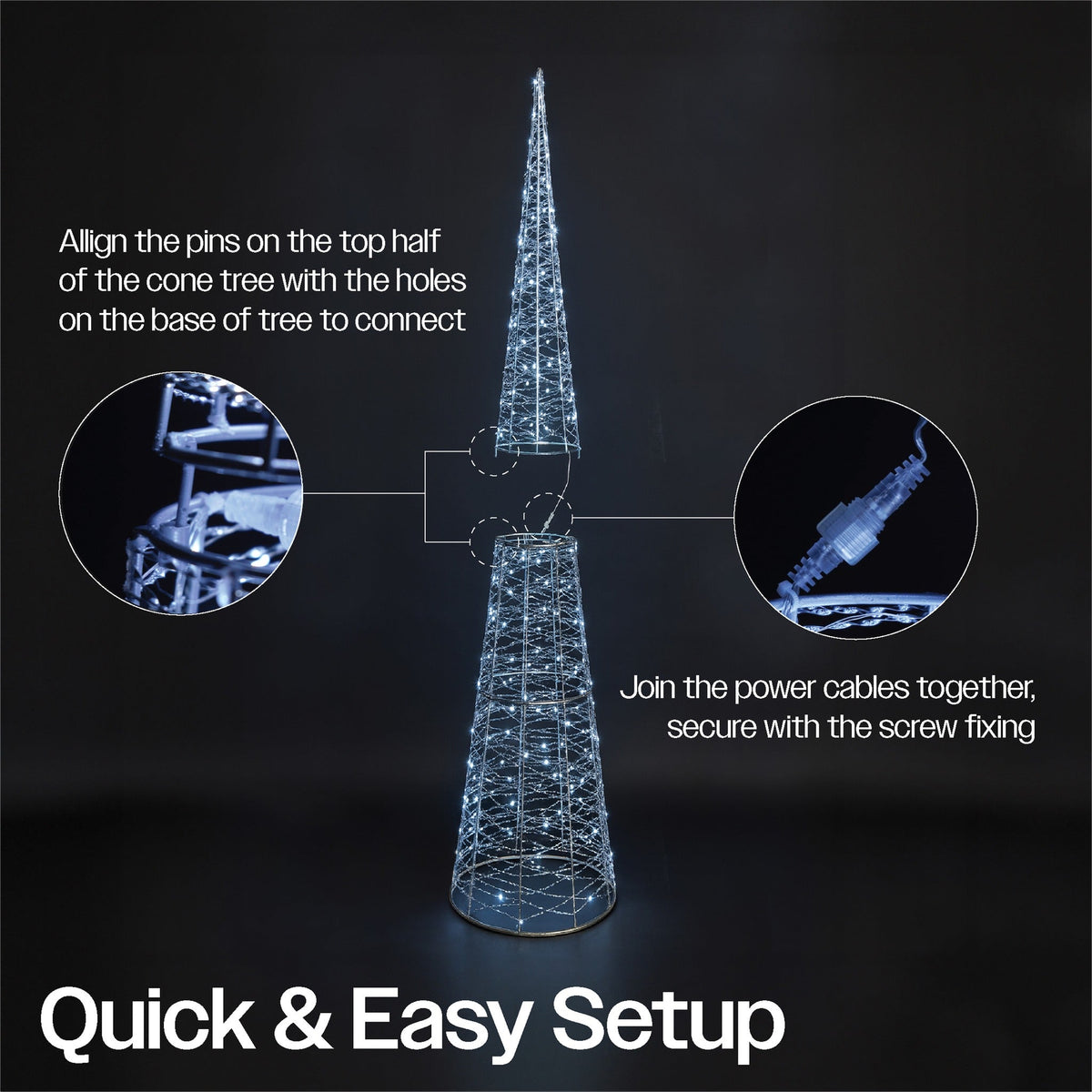 Xmas Haus Cone-Shaped LED Tree – Silver Metal, 90–150cm with 250–350 Bright White Micro LEDs for Outdoor Festive Decoration_Artificial Christmas Trees