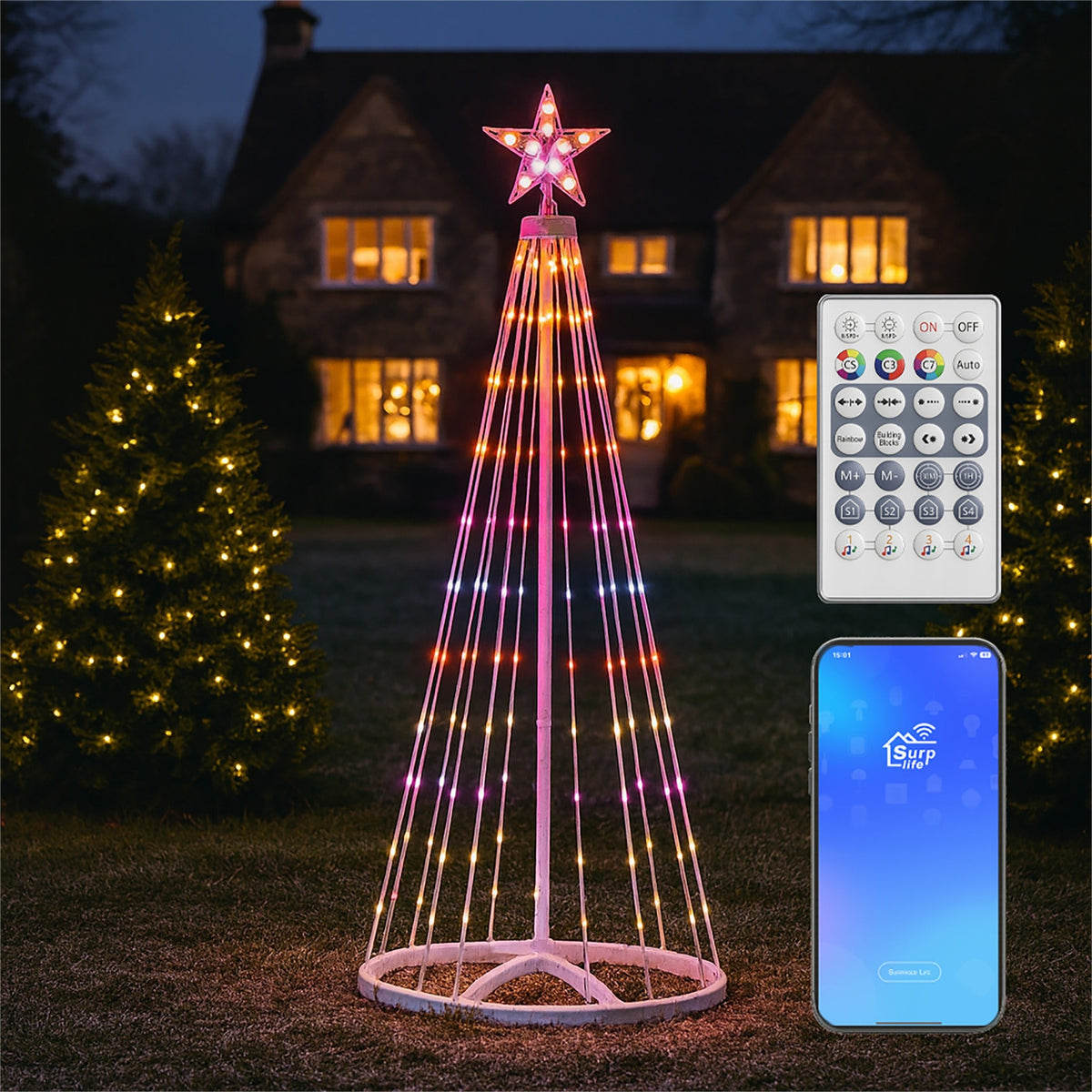 Xmas Haus Christmas Star Tree RGB LED – 1.2–2.1m with 118–280 LEDs, App & Controller Controlled, Indoor & Outdoor Festive Decoration_Artificial Christmas Trees