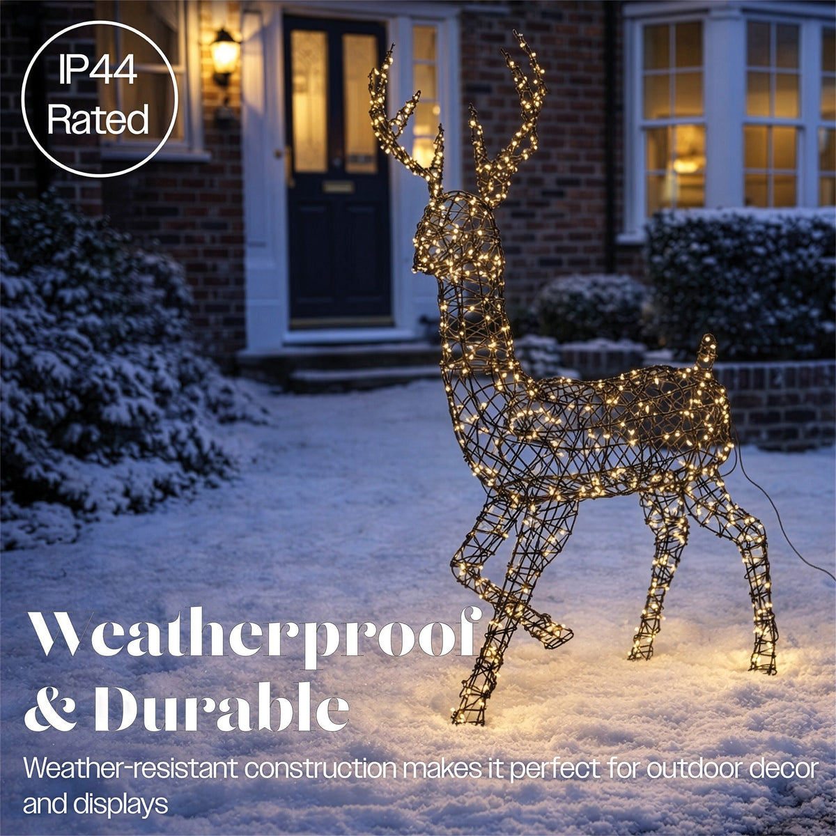 Xmas Haus Warm White LED Metal Deer with Brown Plastic Rattan Outdoor with Timer_Outdoor Christmas Decorations