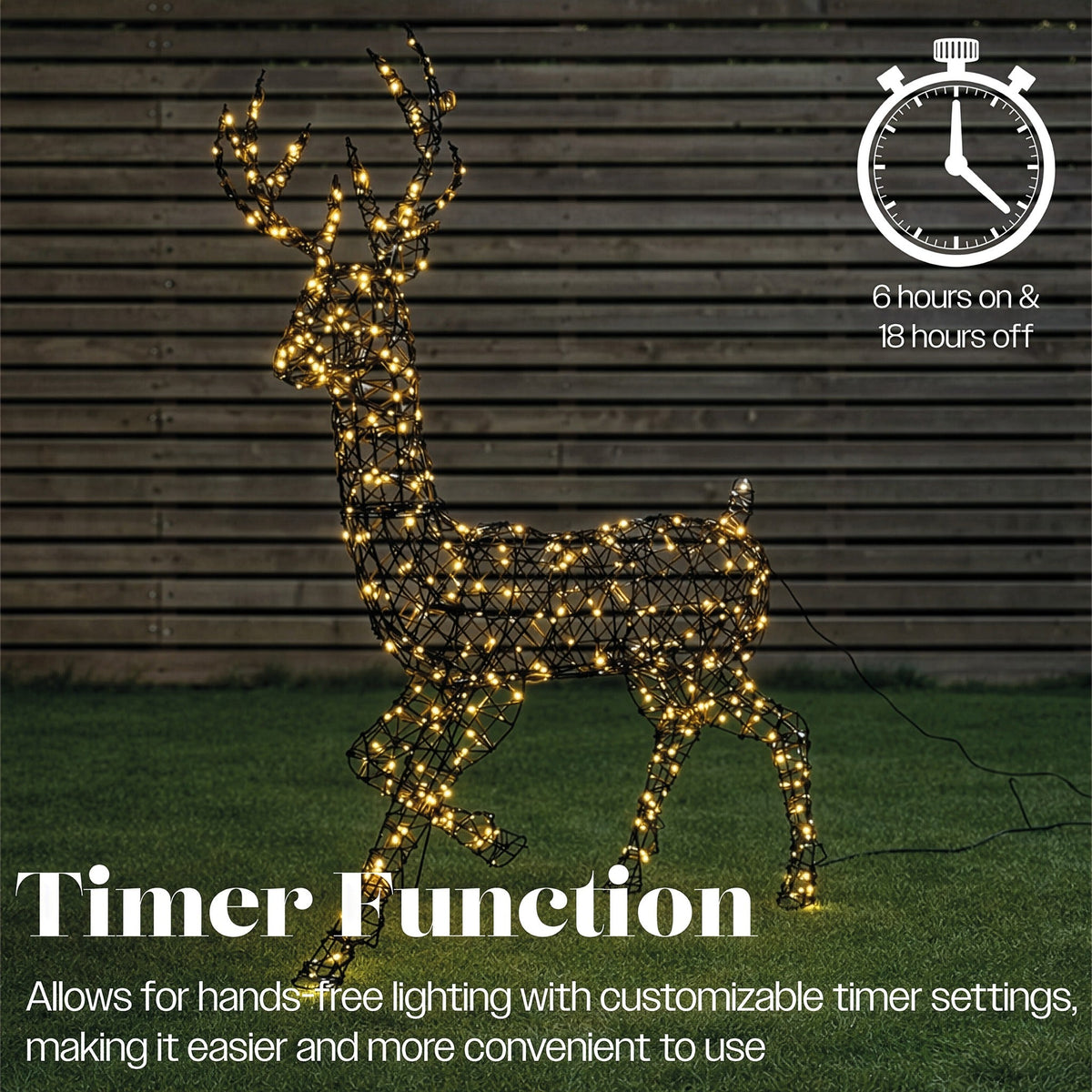 Xmas Haus Warm White LED Metal Deer with Brown Plastic Rattan Outdoor with Timer_Outdoor Christmas Decorations