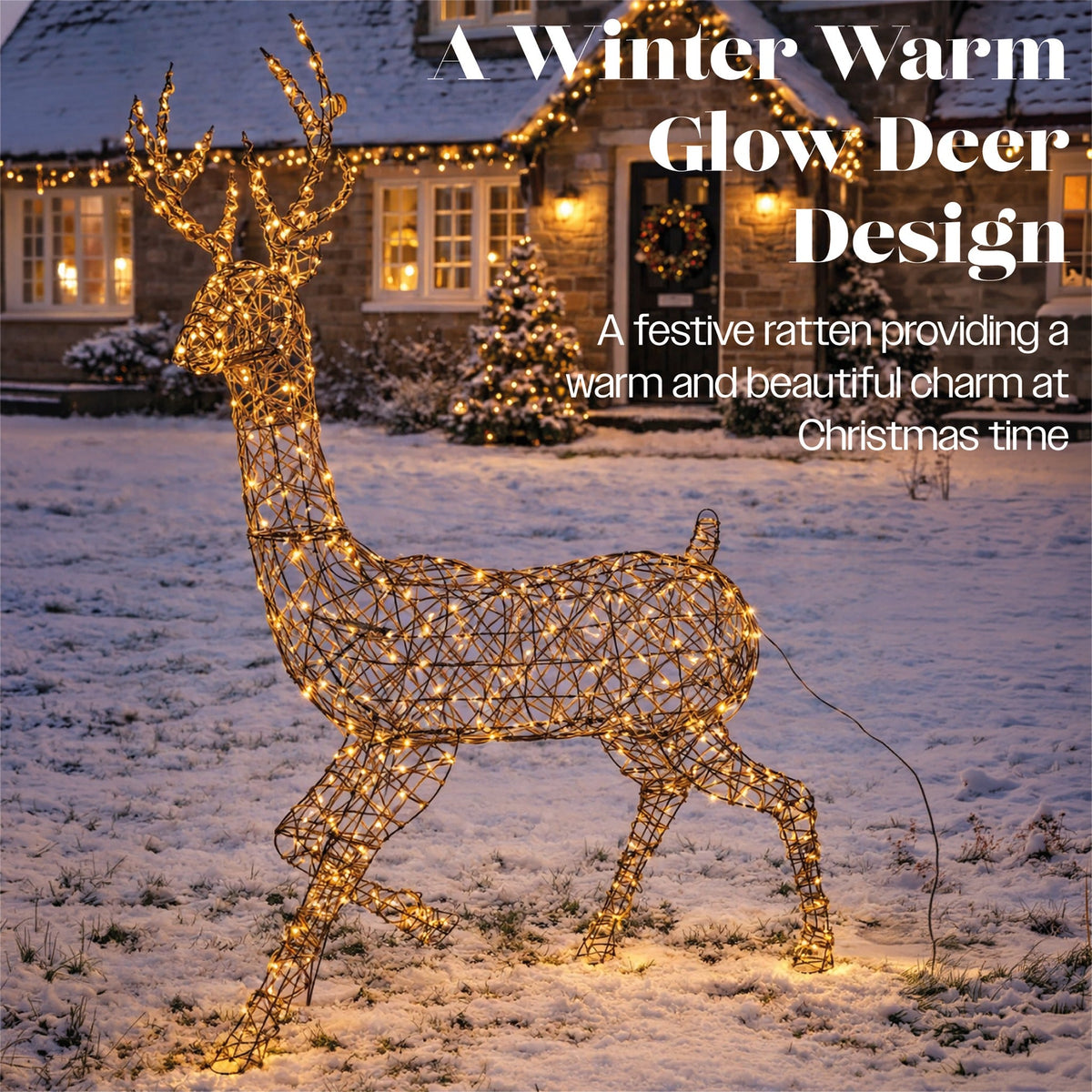 Xmas Haus Warm White LED Metal Deer with Brown Plastic Rattan Outdoor with Timer_Outdoor Christmas Decorations