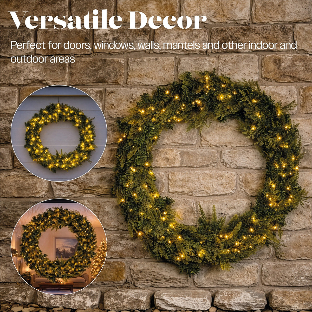 Xmas Haus 200 LEDs Warm White Wreath Outdoor Decoration with Timer 94CM_Outdoor Christmas Decorations