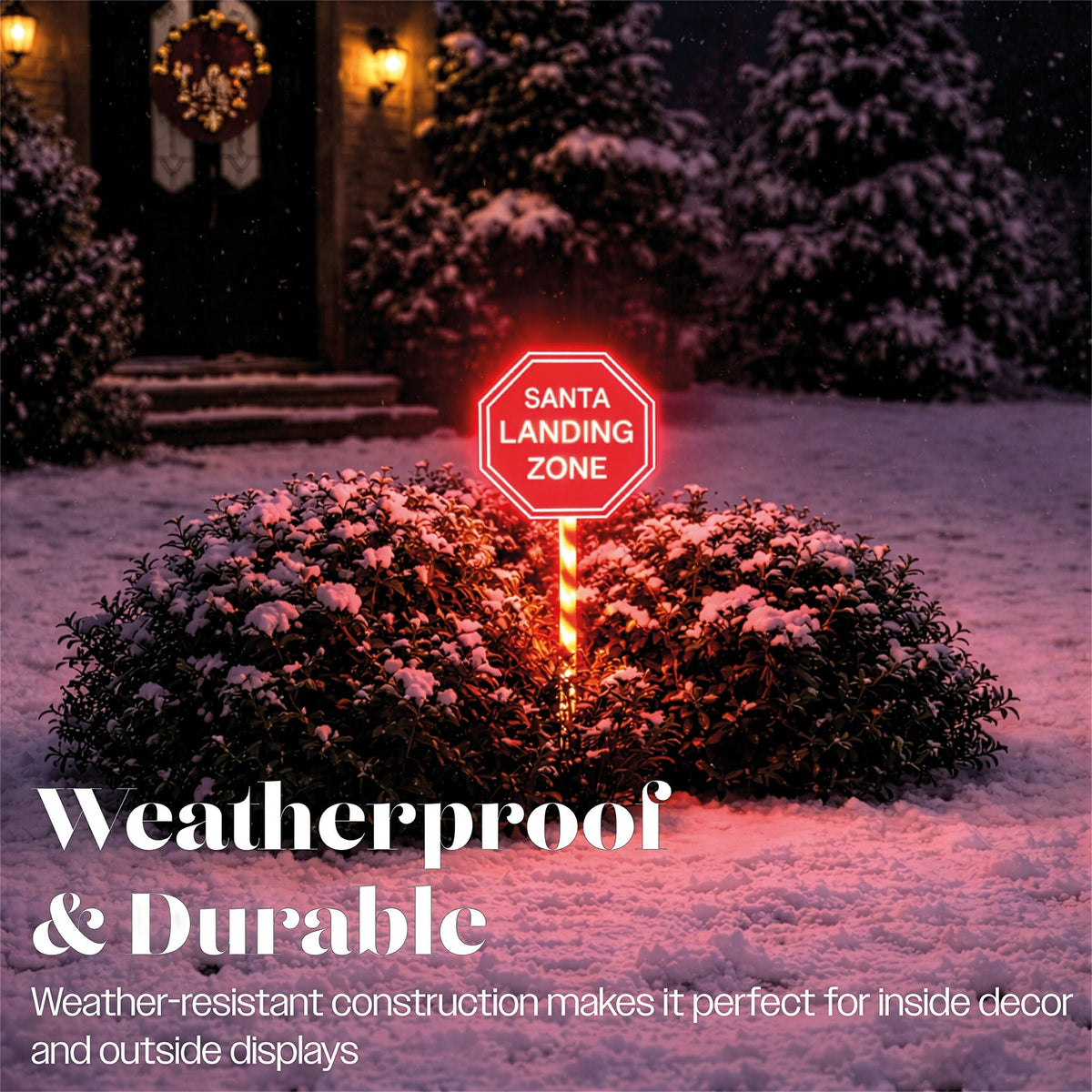 Xmas Haus Warm White LED Santa Stop Here Sign Battery Powered with Timer_Outdoor Christmas Decorations