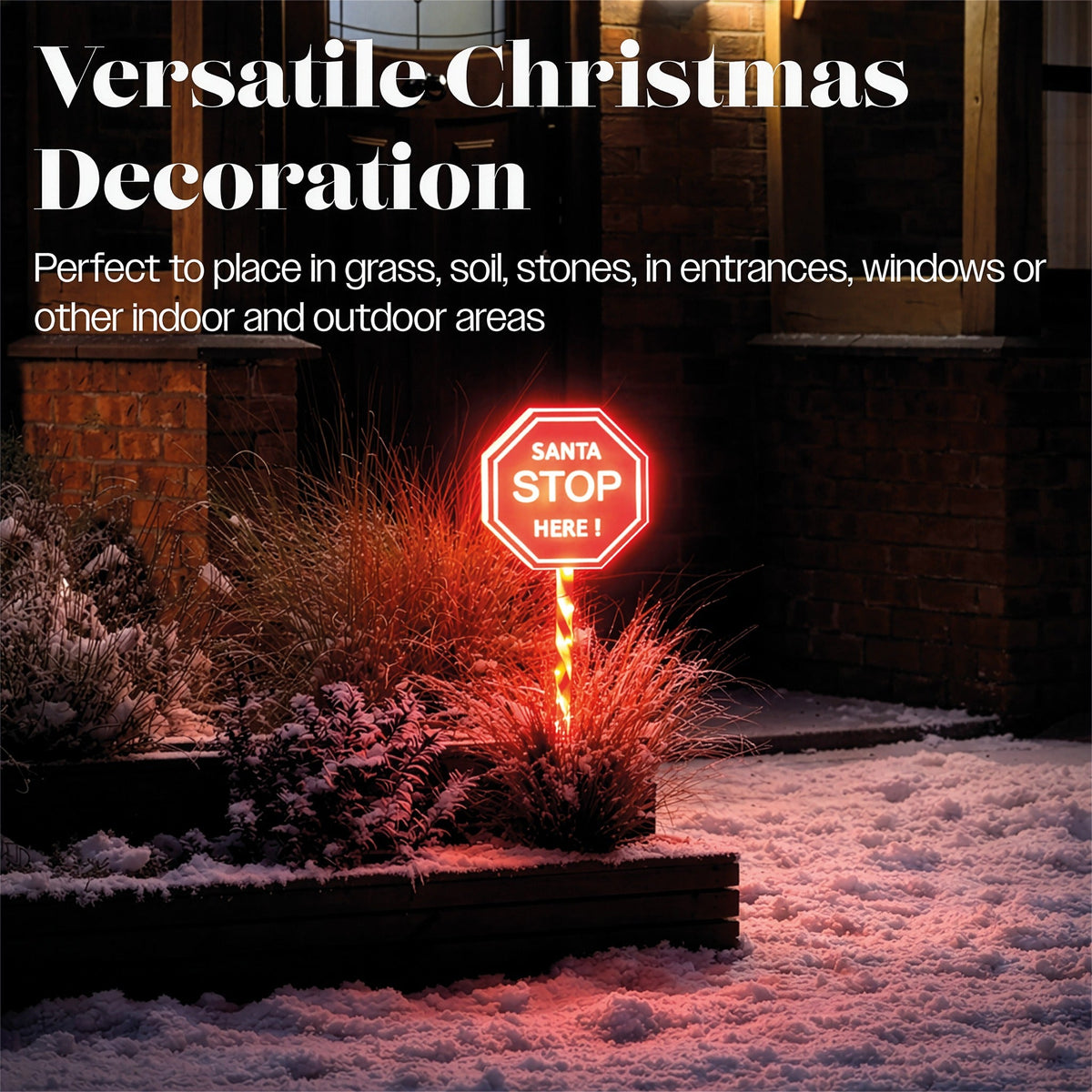 Xmas Haus Warm White LED Santa Stop Here Sign Battery Powered with Timer_Outdoor Christmas Decorations
