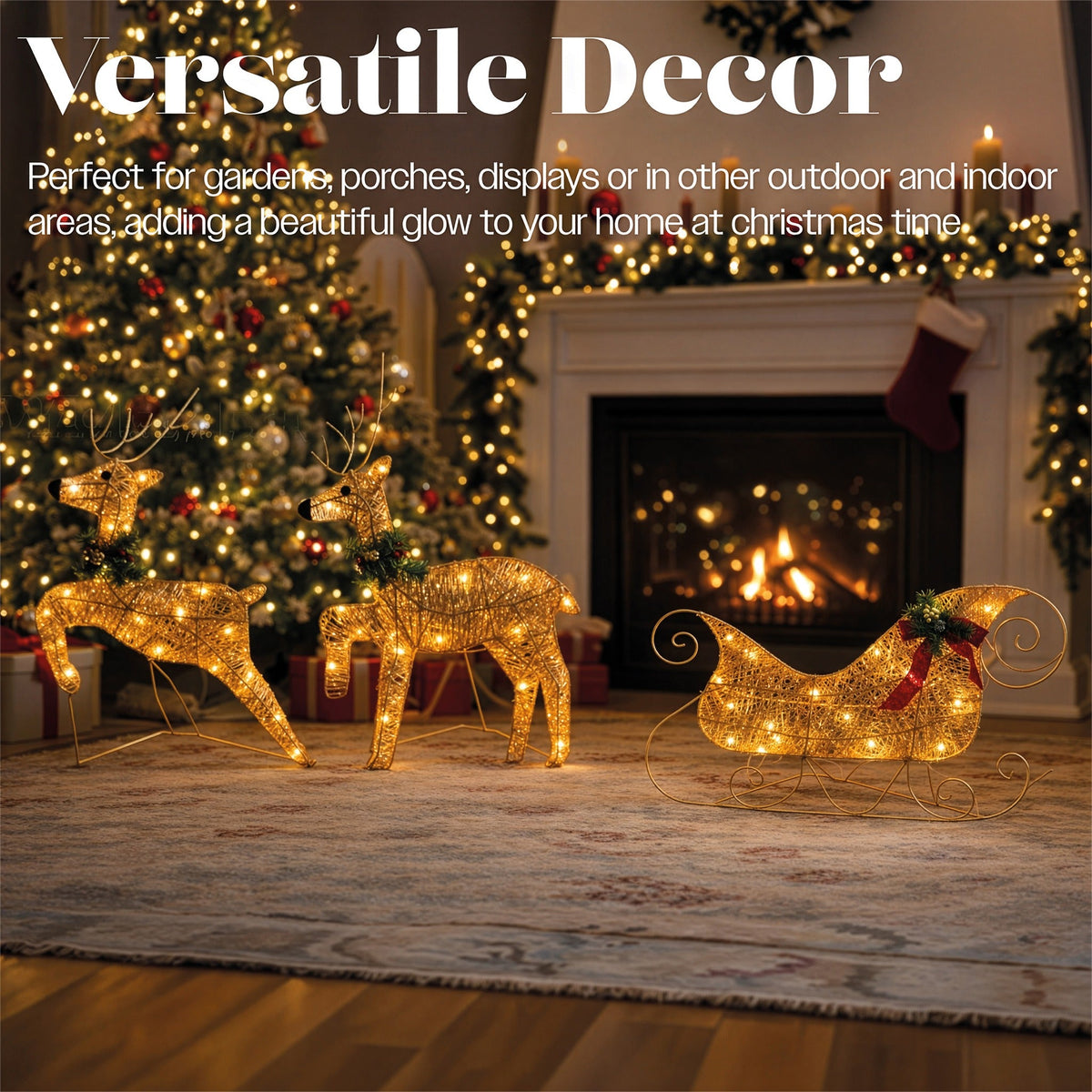 Xmas Haus LED Glitter effect Deer and Sleigh Outdoor Decoration with Timer_Outdoor Christmas Decorations