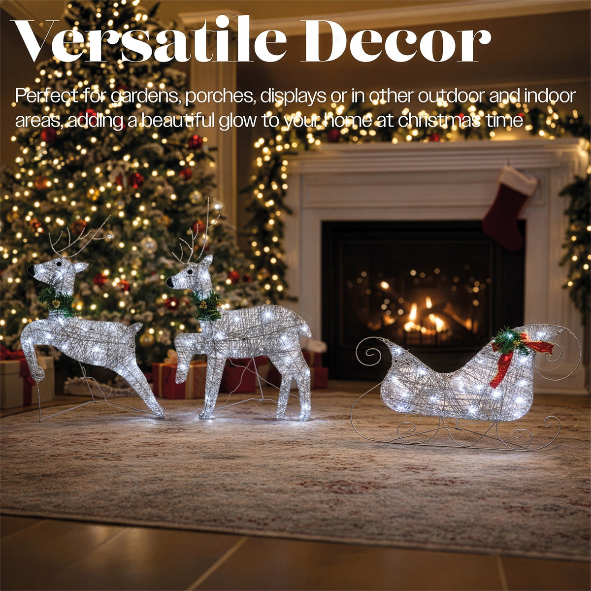 Xmas Haus LED Silver Glitter Deer and Sleigh Outdoor Decoration with Flash and Timer_Outdoor Christmas Decorations