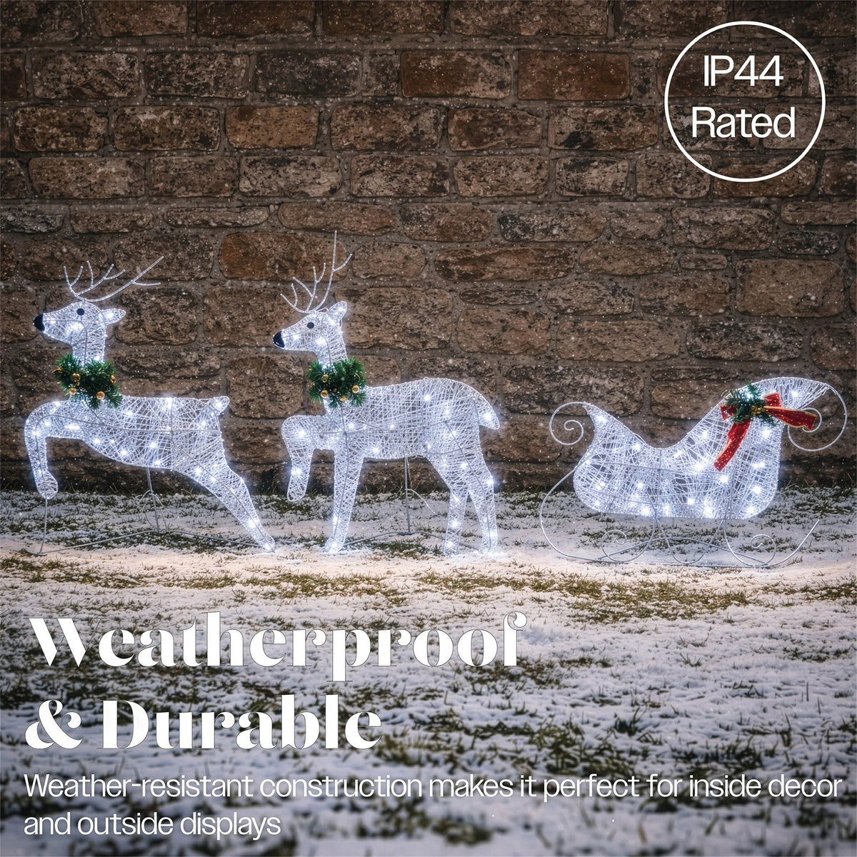 Xmas Haus LED Silver Glitter Deer and Sleigh Outdoor Decoration with Flash and Timer_Outdoor Christmas Decorations