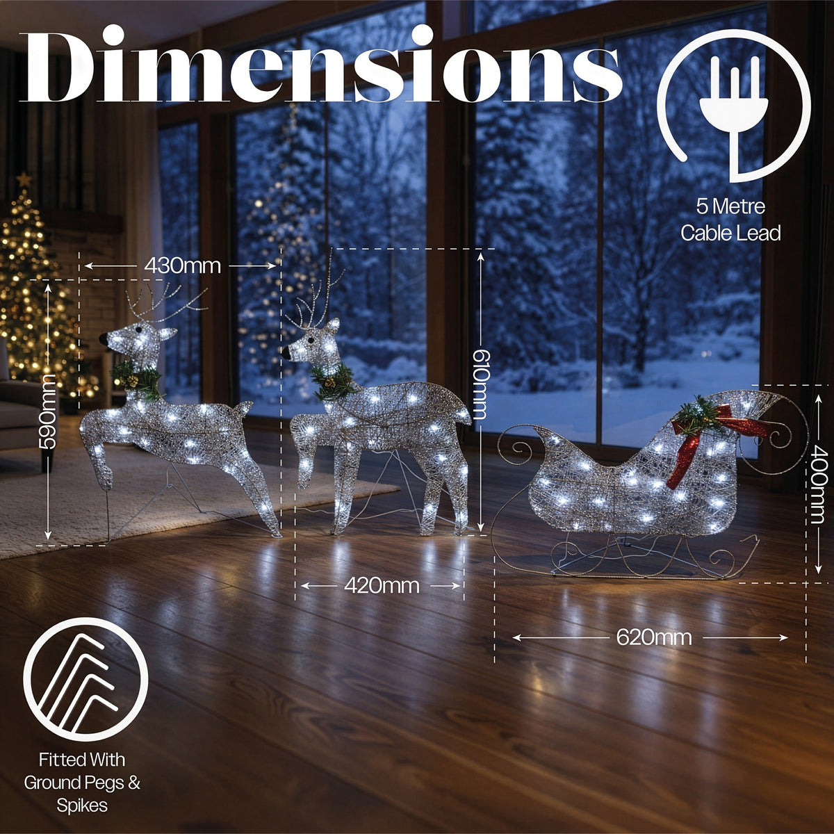 Xmas Haus LED Silver Glitter Deer and Sleigh Outdoor Decoration with Flash and Timer_Outdoor Christmas Decorations