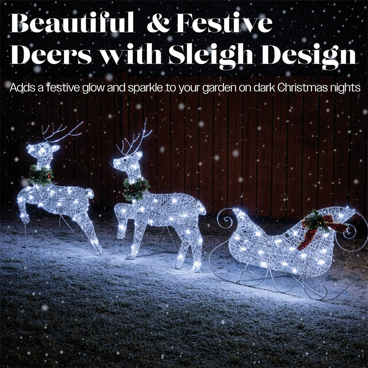 Xmas Haus LED Silver Glitter Deer and Sleigh Outdoor Decoration with Flash and Timer_Outdoor Christmas Decorations