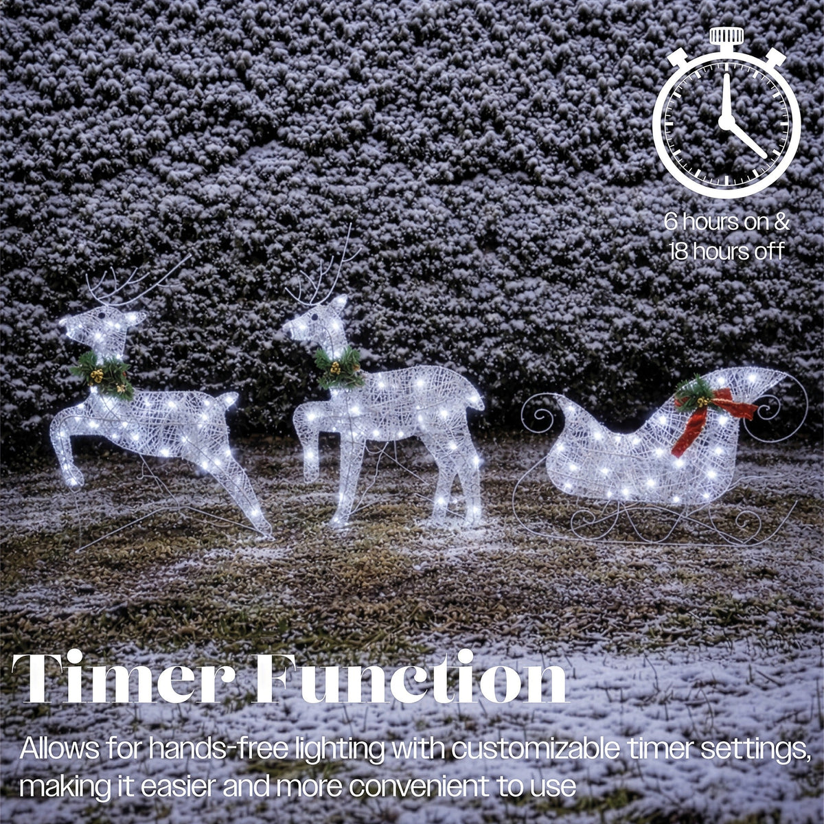 Xmas Haus LED Silver Glitter Deer and Sleigh Outdoor Decoration with Flash and Timer_Outdoor Christmas Decorations