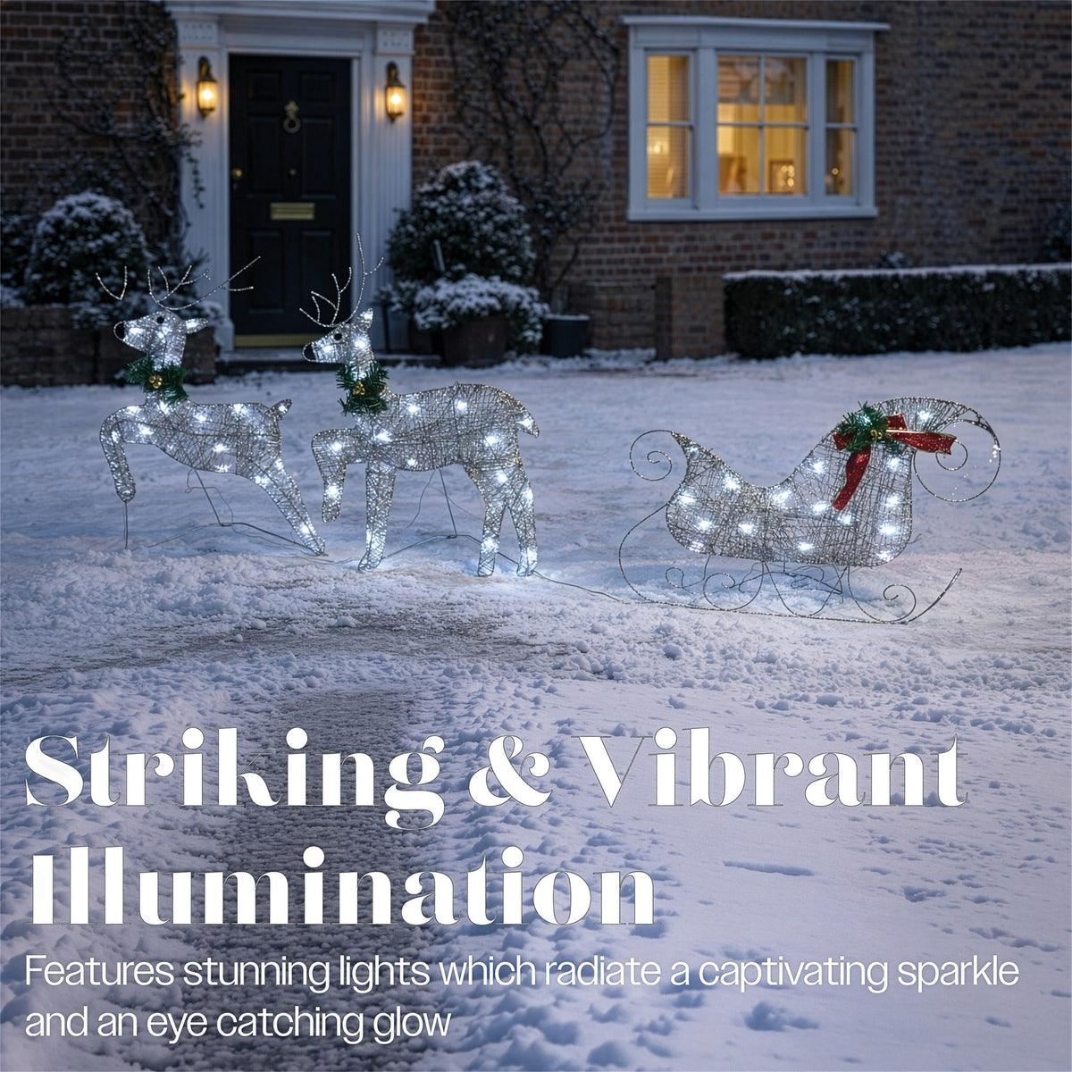 Xmas Haus LED Silver Glitter Deer and Sleigh Outdoor Decoration with Flash and Timer_Outdoor Christmas Decorations