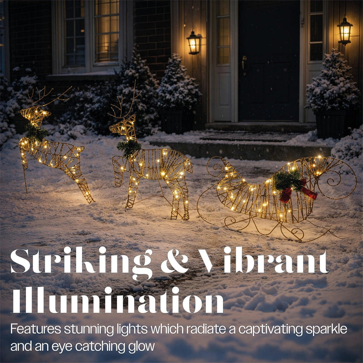 Xmas Haus Rose Gold Light Up Reindeer and Sleigh Indoor Outdoor Christmas Decoration with Timer_Outdoor Christmas Decorations