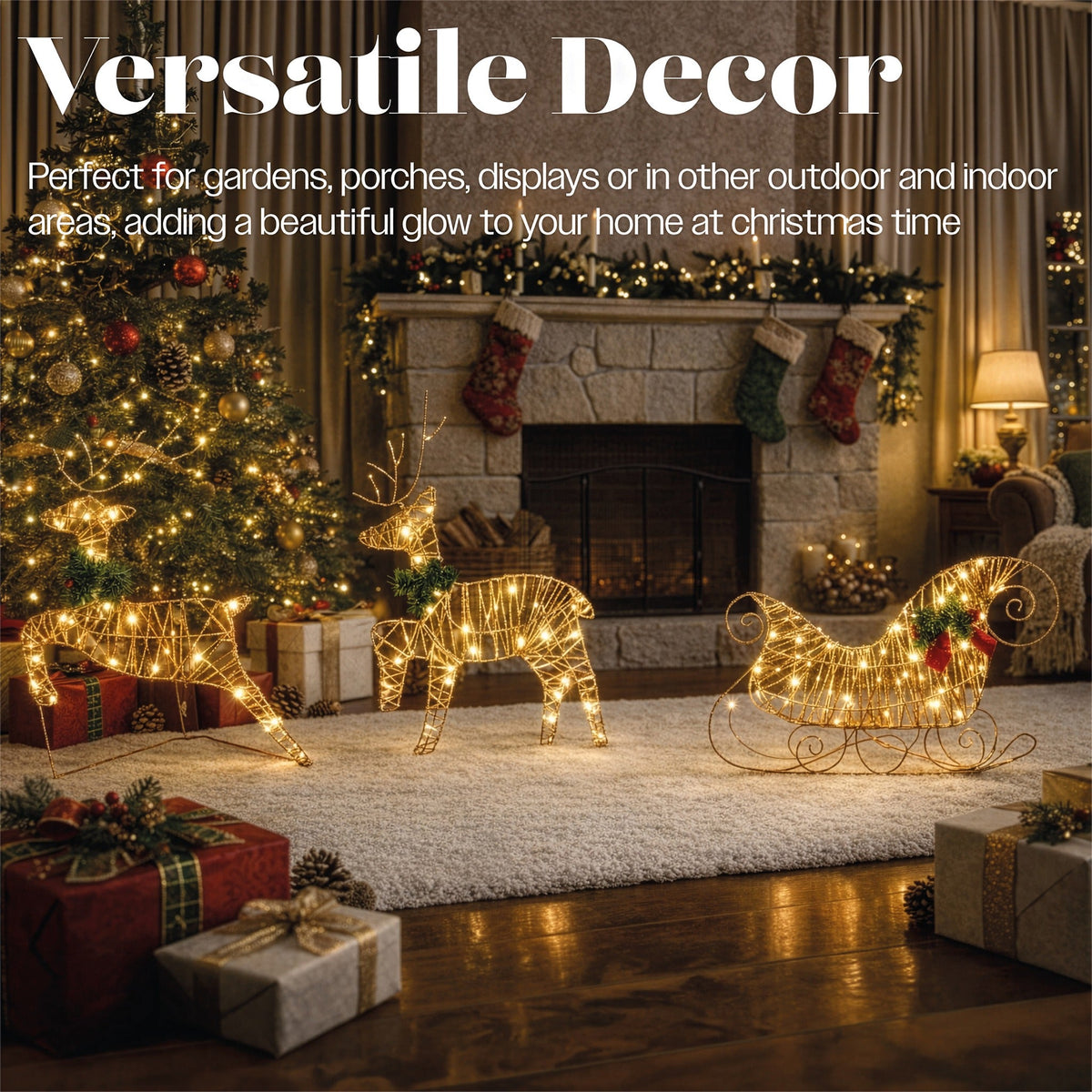 Xmas Haus Rose Gold Light Up Reindeer and Sleigh Indoor Outdoor Christmas Decoration with Timer_Outdoor Christmas Decorations