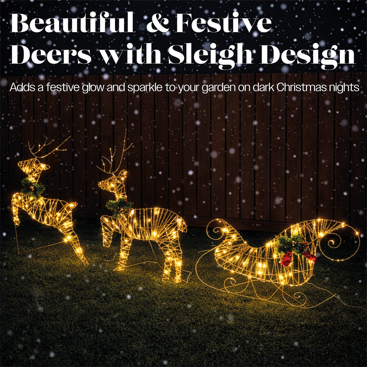 Xmas Haus Rose Gold Light Up Reindeer and Sleigh Indoor Outdoor Christmas Decoration with Timer_Outdoor Christmas Decorations