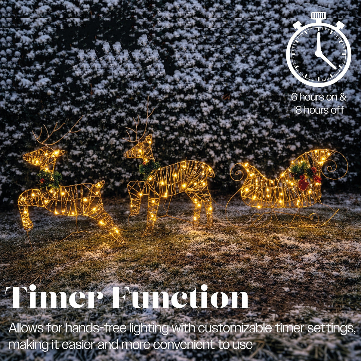 Xmas Haus Rose Gold Light Up Reindeer and Sleigh Indoor Outdoor Christmas Decoration with Timer_Outdoor Christmas Decorations