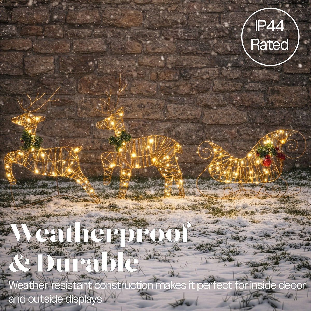 Xmas Haus Rose Gold Light Up Reindeer and Sleigh Indoor Outdoor Christmas Decoration with Timer_Outdoor Christmas Decorations