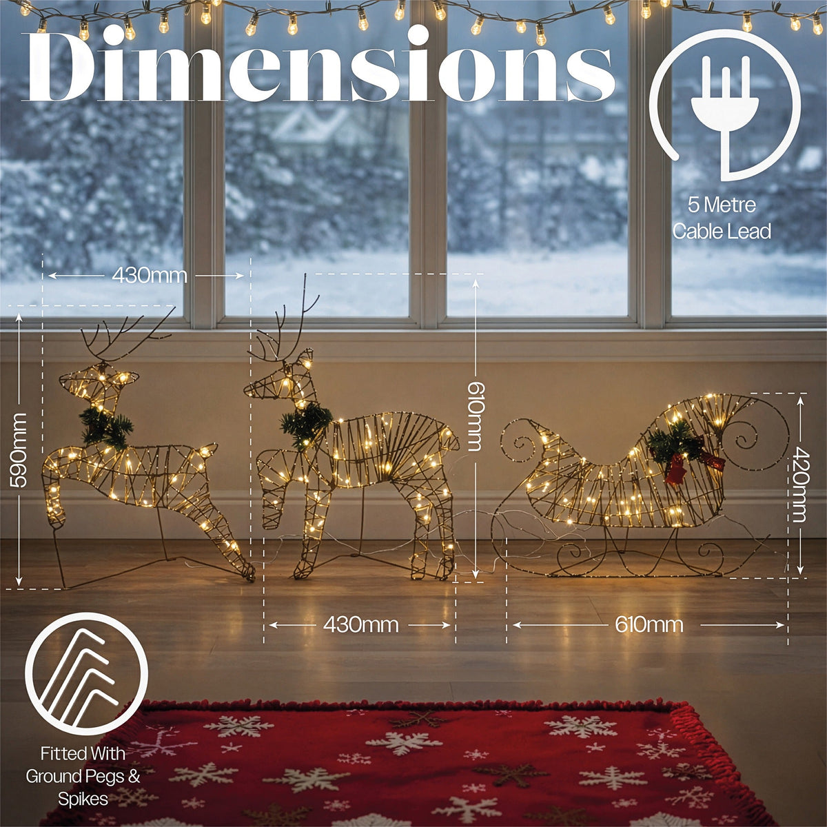 Xmas Haus Rose Gold Light Up Reindeer and Sleigh Indoor Outdoor Christmas Decoration with Timer_Outdoor Christmas Decorations