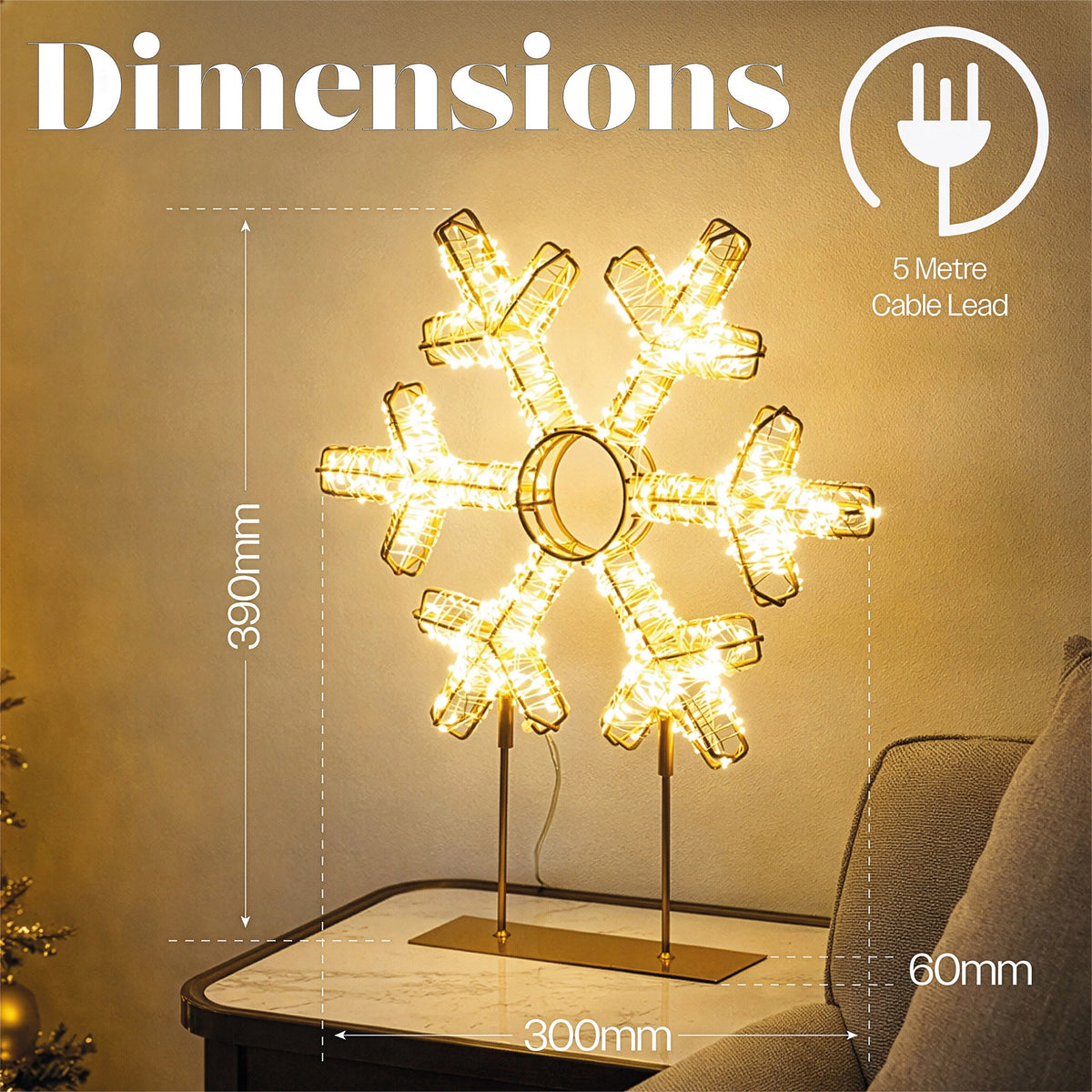 Xmas Haus Warm White LED Champagne Gold Metal Snowflake Indoor Decoration Timer_Indoor Christmas Decorations