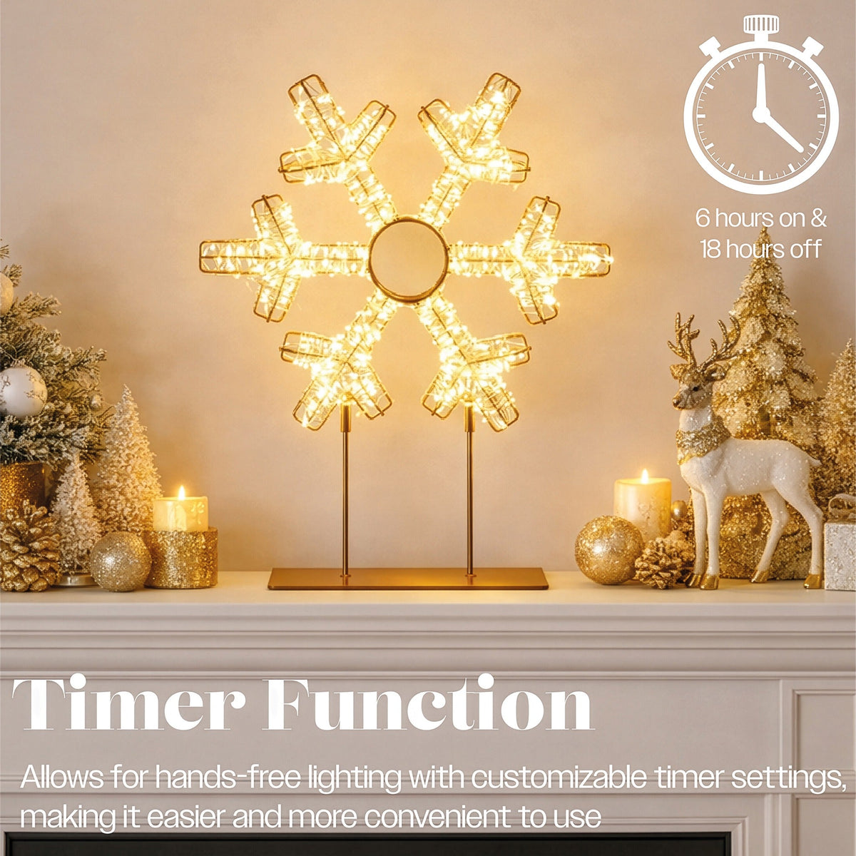 Xmas Haus Warm White LED Champagne Gold Metal Snowflake Indoor Decoration Timer_Indoor Christmas Decorations