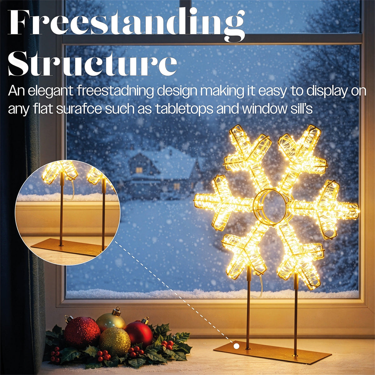 Xmas Haus Warm White LED Champagne Gold Metal Snowflake Indoor Decoration Timer_Indoor Christmas Decorations