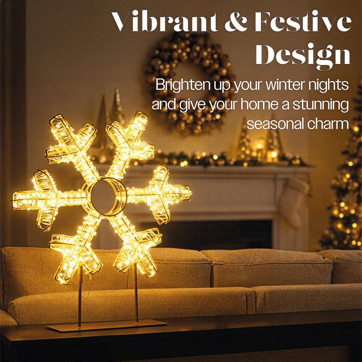 Xmas Haus Warm White LED Champagne Gold Metal Snowflake Indoor Decoration Timer_Indoor Christmas Decorations