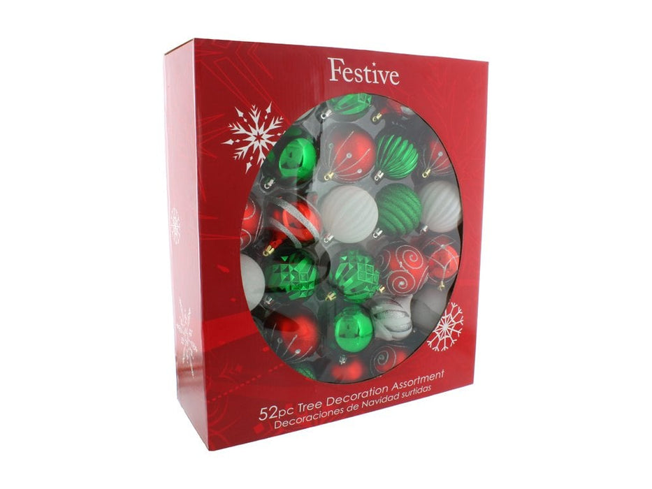 Christmas Decorations, Red, White and Green Baubles - 52 piece set