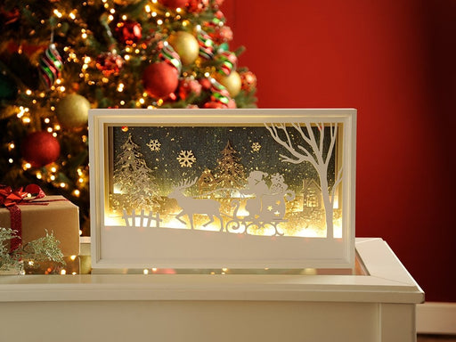 Lit White Wooden santa with sleigh scene