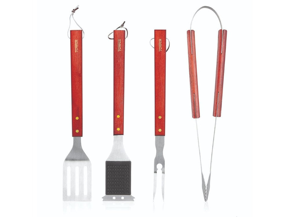 Four-Piece Stainless Steel and Wood BBQ Tool Set