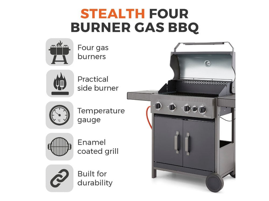 Stealth 4000 Four Burner Porcelain Gas BBQ with Side BurnerPrecision Thermometer and Cabinets